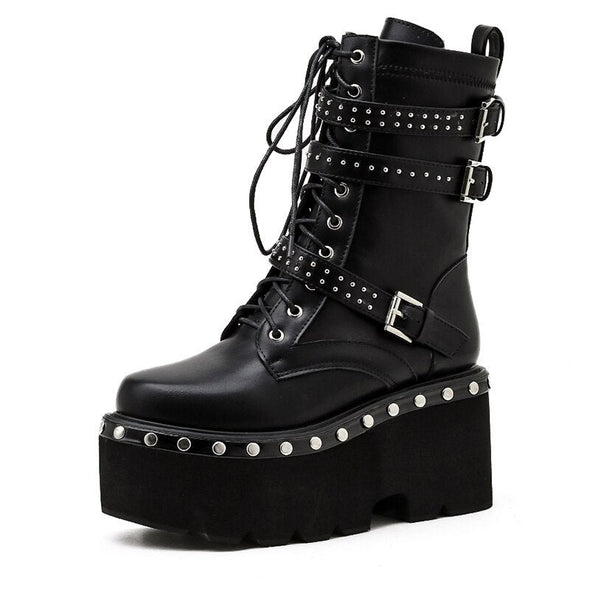 "Ramona" black platform boots with rivets accent