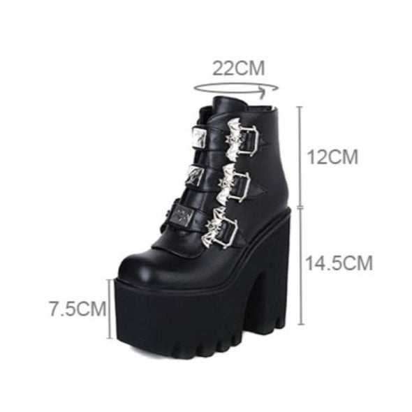 "Elvira" black platform ankle boots with bat accent buckles