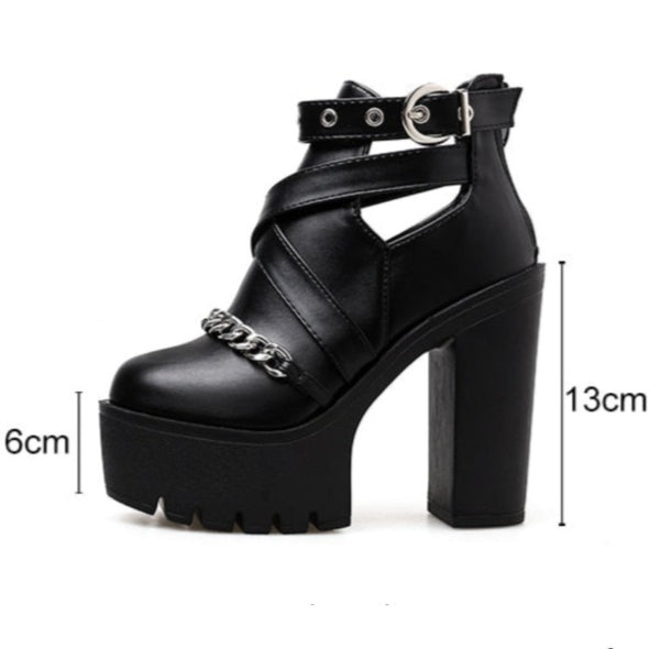 "Sabrina" black platform ankle boots with cross strap and chain