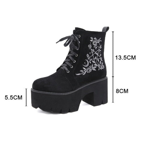 "Desmona" black platform ankle boots with embroidered wiccan accent