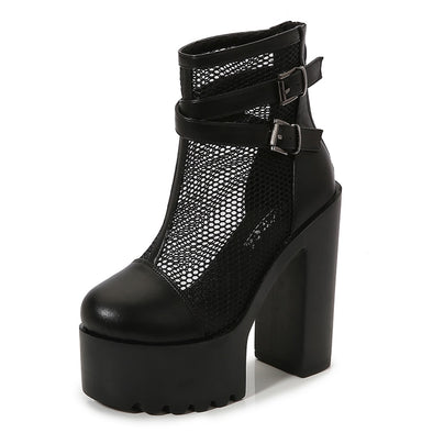 "Sonora" black platform ankle boots with mesh accent