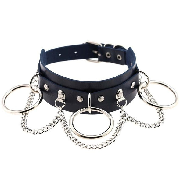 Oversized Leather Collar-Style Choker with Ring and Chain