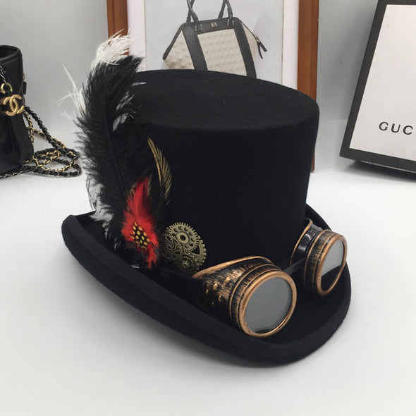 Black Wool Steampunk Top Hat with Large Feather